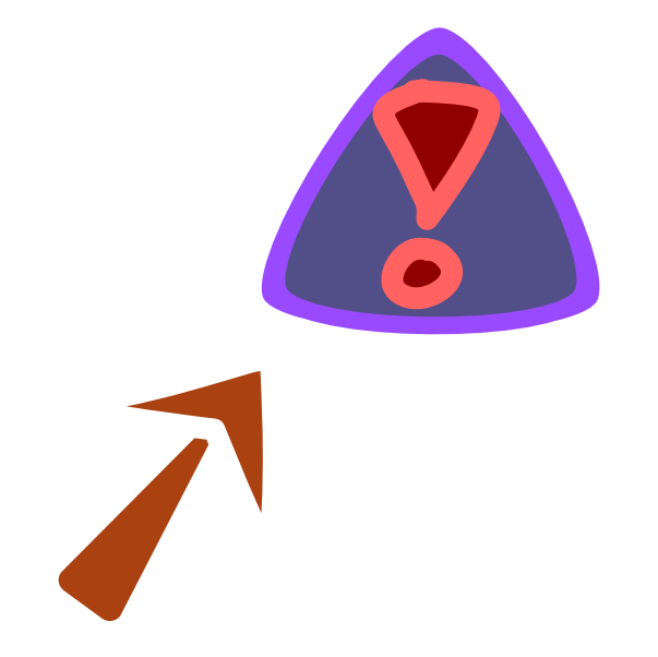 A purple triangular warning sign with a red exclamation point on it has a brown arrow pointing up at it diagonally. The image has light line art